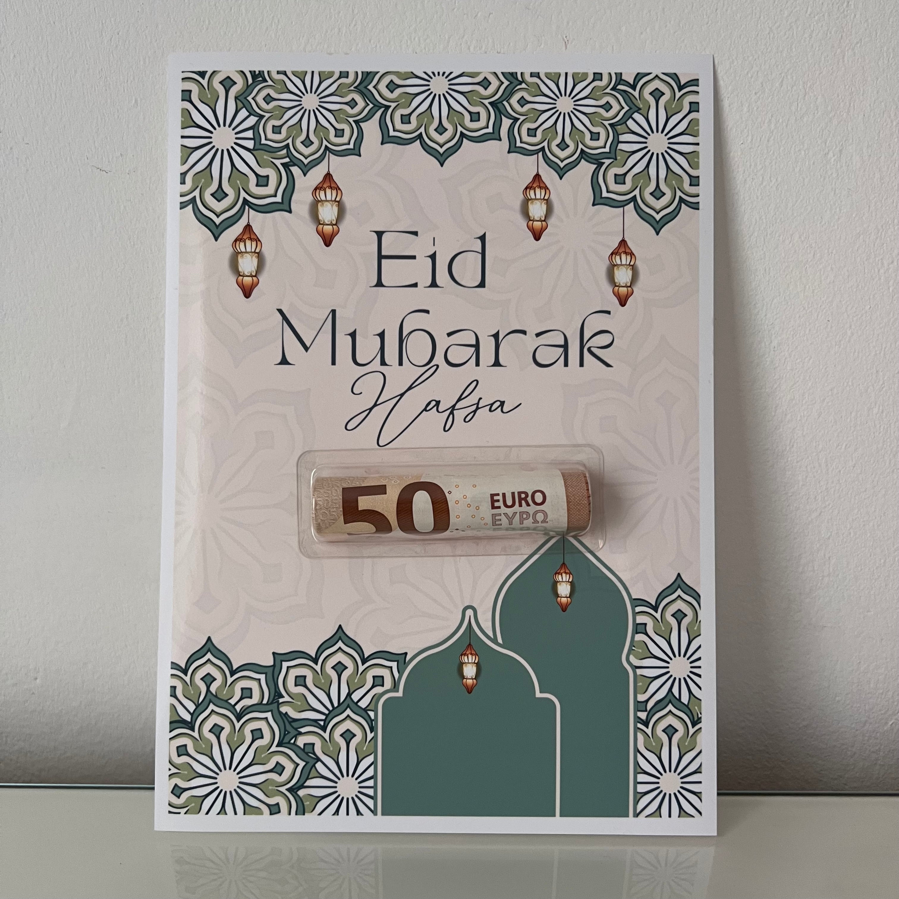 Carte Eid Mubarak avec support billet et Prénom personnalisé