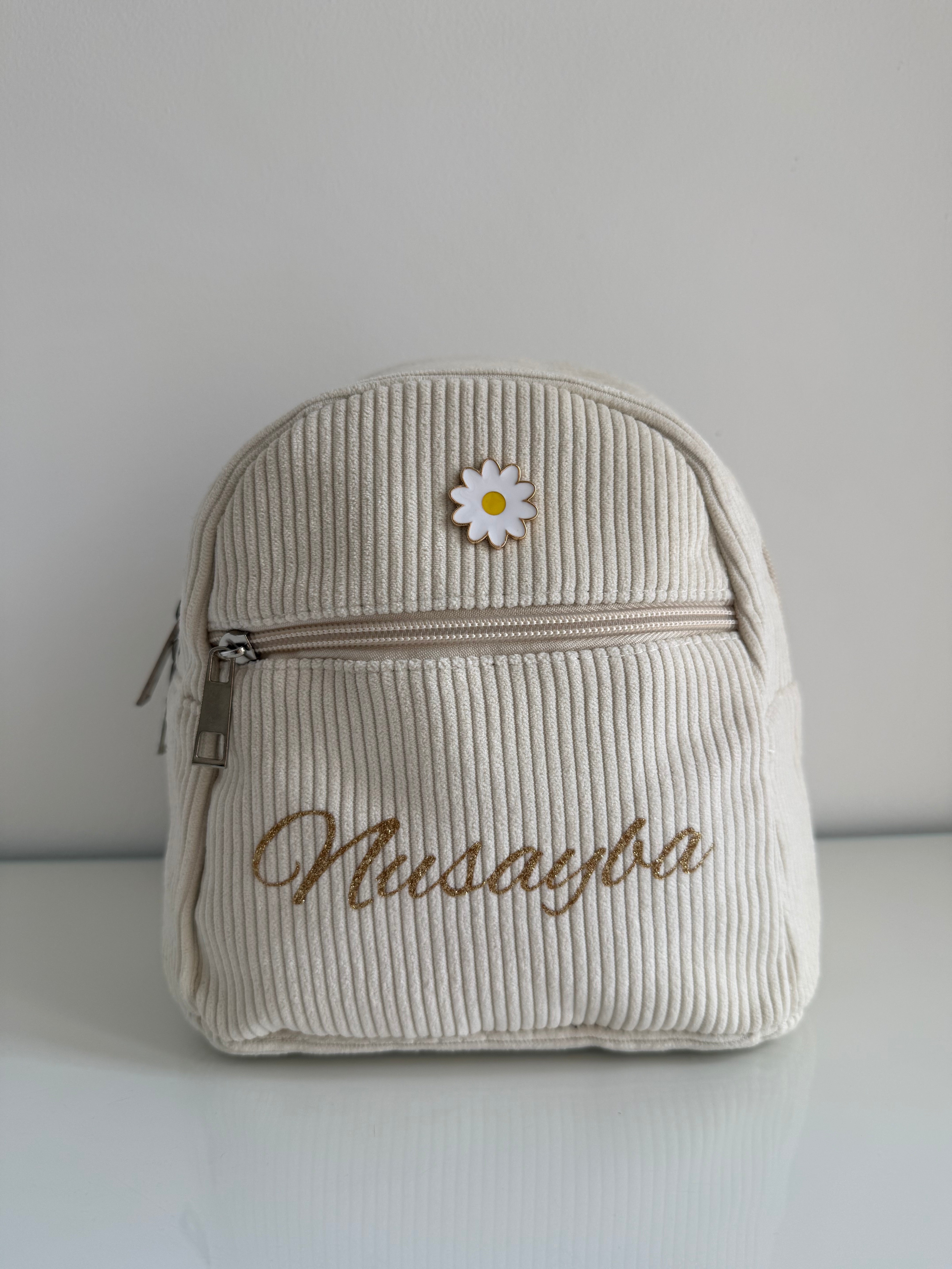 Petit Sac à Dos Enfant en Velours Côtelé Personnalisé avec Prénom – 5 Couleurs