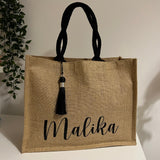 Sac en Toile de Jute avec Pompon Noir et Personnalisé avec Prénom centré